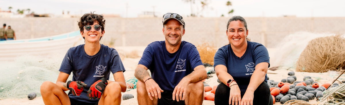 Sea Shepherd crew members with recovered fishing gear