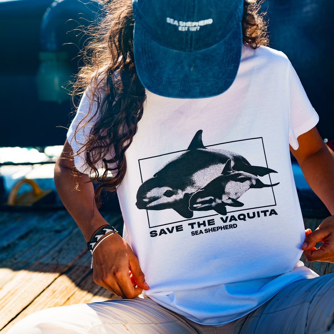 Sea Shepherd supporter wearing the Save the Vaquita T-shirt